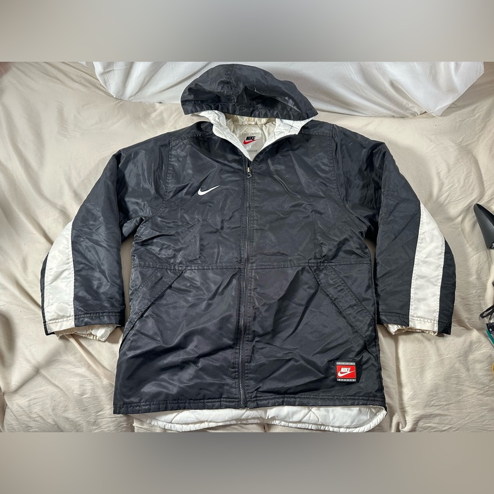 Nike Y2K Full Zip Puffer Jacket Youth XL Black White Stained Vtg 90s White Tag